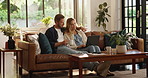 Couple, relax and pointing on laptop at house for browsing website, watching movie and streaming film. People, coffee and online for media research, surfing internet and multimedia for entertainment
