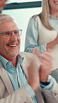 Mature, businessman or meeting with applause for congratulations or team success at office. Happy man, employees or colleagues clapping with smile for winning, thank you or promotion at workplace