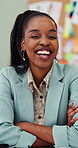 Happy, black woman and fashion designer with confidence for clothing design or art at office. Portrait, female person or dress maker with smile or arms crossed for tailor business at workplace