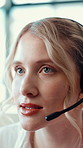 Call center, contact us and business woman talking for debt collection, loan inquiry and question. Headset, face and consultant speaking for communication, finance and banking with payment reminder