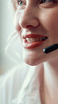 Call center, mouth and business woman talking for debt collection, loan inquiry or question. Headset, face and happy consultant speaking to contact for finance, banking and payment reminder closeup