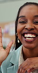 Black woman, wave and pov for video call at office with conversation, talk and advice at startup. Person, face and happy for contact, consultation and virtual meeting at creative agency in Nigeria