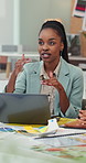 Laptop, documents and business women in office with meeting for color swatches, ideas or planning. Paperwork, team and female creative designers with discussion for magazine publishing at agency.