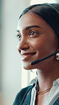 Business, call center and woman in office, talking and help desk with communication. Person, employee and conversation in workplace, customer service and support with advice, headset and professional