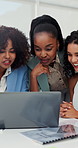 Laptop, meeting and smile with business women in office together for design milestone. Collaboration, conversation and planning with employee friends in creative workplace for project management