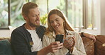 Talking, phone and couple on sofa in home for networking online together in living room. Happy, cellphone and man with woman for relaxing with connectivity on mobile app or social media in house.