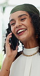 Funny, business and phone call with woman, laughing and creative project with conversation. Happy person, entrepreneur and design agency with smartphone, smile and schedule with app and discussion