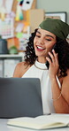 Office, businesswoman and laptop with phone call for talking, schedule reminder and creative agency. Smile, female person and graphic designer with technology for discussion, mobile contact and hello