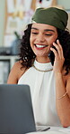 Office, businesswoman and laptop with phone call for communication, reminder and creative agency. Happiness, female person and graphic designer with technology for discussion, mobile contact or hello