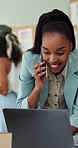 Business woman, laptop and phone call for shipping stock, logistics and inventory procurement. Mobile, computer and conversation in office for ecommerce, delivery schedule or typing email for order