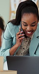 Business woman, laptop and phone call for distribution, logistics and inventory procurement. Mobile, computer and conversation in office for ecommerce, delivery schedule or smile for shipping update