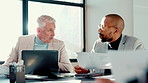 Business people, laptop and men with documents, conversation and audit with budget report. Employees, accounting or financial advisor in meeting, pc or planning for profit growth or income results