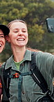 Face, happy women and hiking with selfie in nature for photography, picture or memory together. Portrait, female people or friends with smile on outdoor trip, journey or adventure for capture moment