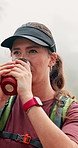 Flusk, hiking and woman in woods, coffee and nature with environment, caffeine and forest. Person, outdoor and hiker with herbal tea, trekking and countryside with wellness, healthy and wilderness