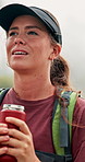 Flusk, hiking and woman with coffee, wellness or morning with environment, caffeine or forest. Person, outdoor and hiker in woods, tea or countryside with health, thinking or wilderness with trekking