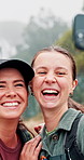 Happy women, hiking and selfie in nature for photography, picture or memory together in forest. Female people, friends or hikers with smile on outdoor trip, journey or adventure for capture moment