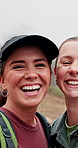 Face, happy women or hiking with selfie in nature for photography, picture or memory together. Portrait, female people or friends with smile on outdoor trip, journey or adventure for capture moment