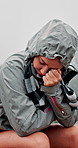 Crying, sad and woman hiking outdoor for journey fail, lonely and safety fear. Travel, depression and unhappy person with tears for vacation crisis, lost and direction mistake for trekking with fog