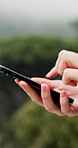 Person, hands and browsing with phone in nature for hiking navigation, location or destination. Closeup, hiker or research with mobile smartphone for trekking app, connection or signal in forest