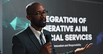 Speaker, black man and talking at conference event for AI, automation and process for financial services. Public speaking, presentation and live summit, machine learning and pitch for risk management