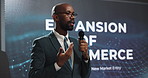 Black man, presentation or speech with projector screen at seminar for expansion or ecommerce. Businessman, presenter and talking with mic or display for corporate growth or new market idea at summit