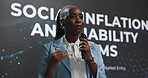 Conference, speaker or business woman with speech for social inflation, insurance liability or event. Finance presenter, black person and mic at financial summit with solution for litigation growth
