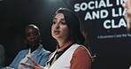 Tablet, discussion and businesswoman with presentation on a stage for social inflation and liability claims. Digital technology, speaker and financial analysts with forum meeting for economy growth.