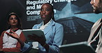 Business woman, meeting and tablet at seminar for presentation, speech or discussion at workplace. Female person, employee or presenter talking to group on technology for corporate change at summit