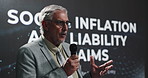 Conference, speaker or business man with speech for social inflation, insurance or finance risk. Financial executive, mature person or mic at global summit with solution for litigation or development