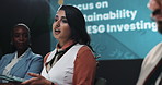 Business people, presentation and woman with tablet, speaker and sustainability with investments. Employees, investor and presenter with tech, trade show and feedback for trading and digital app