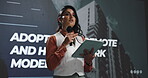 Woman, mic and tablet for speech at conference for remote, hybrid and seminar for work change. Speaker, digital and talking on stage with information, company growth and transformation of development