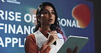 Business woman, conference and speech with tablet for rise of personal financial applications. Speaker, microphone and technology at finance seminar, investment expo and money management presentation