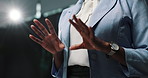Business, hands and speech with person on stage for coaching, development or seminar. Explain, presentation and symposium with employee on podium for corporate workshop as motivational speaker