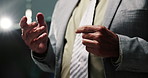 Business, hands and presentation with person on stage for coaching, development or seminar. Explain, speech and symposium with employee on podium for corporate workshop as motivational speaker