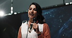 Award, speech and stage with business woman in conference room for ceremony or prize giving. Presentation, speaker and winner with Indian employee on podium for acceptance, announcement or thank you