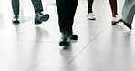Floor, business people and shoes in office for walking, workplace and arriving for finance seminar. Closeup, professional employees and legs in company building for conference, movement and leaving