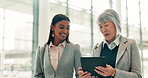 Office, business people and walking with tablet for feedback, legal aid and teamwork for justice. Women, lawyer or advocate with collaboration for corporate case, online report or tech for discussion
