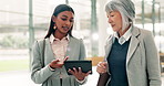 Office, business people and women with tablet for discussion, legal aid and teamwork for justice. Employees, lawyer and advocate with collaboration for corporate case, digital report and law firm