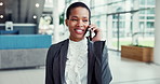Lawyer, woman and happy with phone call in office for case feedback, legal advice and negotiation. Attorney, black person and speaking to contact for networking, settlement agreement and good news