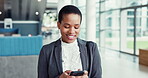 Office, black woman and smile with smartphone for walking, online chat and consultant for contact. Workplace, business person and female employee with mobile for application, social media and message