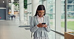 Office, woman and happiness with smartphone for walking, online chat and consultant for contact. Workplace, business person and female employee with mobile for application, social media and message