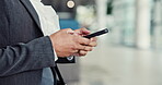 Office, woman and hands with smartphone for message, online chat and consultant for contact. Workplace, business person and employee with mobile for application, social media and text in closeup