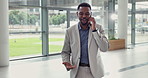 Business, black man or walking with phone call in office for deal feedback, good news or negotiation. Financial advisor, person and talking to client for networking, discussion or professional advice