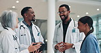 Tablet, team discussion and doctors in hospital for healthcare, planning or meeting with mentor. Happy people, technology and talk with medical group for report, telehealth update or clinic schedule