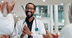 Man, success and applause with doctors in hospital for fellowship approval, support and healthcare. Medical partnership, celebration and achievement with people and cheering for motivation and team
