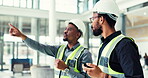 Contractor, talking and radio with people in building for structure engineer, construction and property. Architecture, site plan and real estate developer with employees for communication and project
