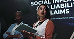 Tablet, meeting and businesswoman with presentation on a stage for social inflation and liability claims. Digital technology, speaker and financial analysts with forum discussion for economy growth.