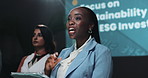 Conference, presentation and woman with tablet, speaker and sustainability for global trade. Employees, investor and presenter with tech, investment and feedback for profit growth and digital app
