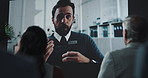 Speaker, man and talk to audience with conference call for discussion, healthcare expo and information. Doctor, explain and public speaking for medical awareness, pharma innovation and health event