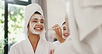 Smile, women and friends with face mask for skincare, cosmetics application and bonding together. People, laugh and help with facial, collagen treatment and dermatology benefits for reunion at hotel
